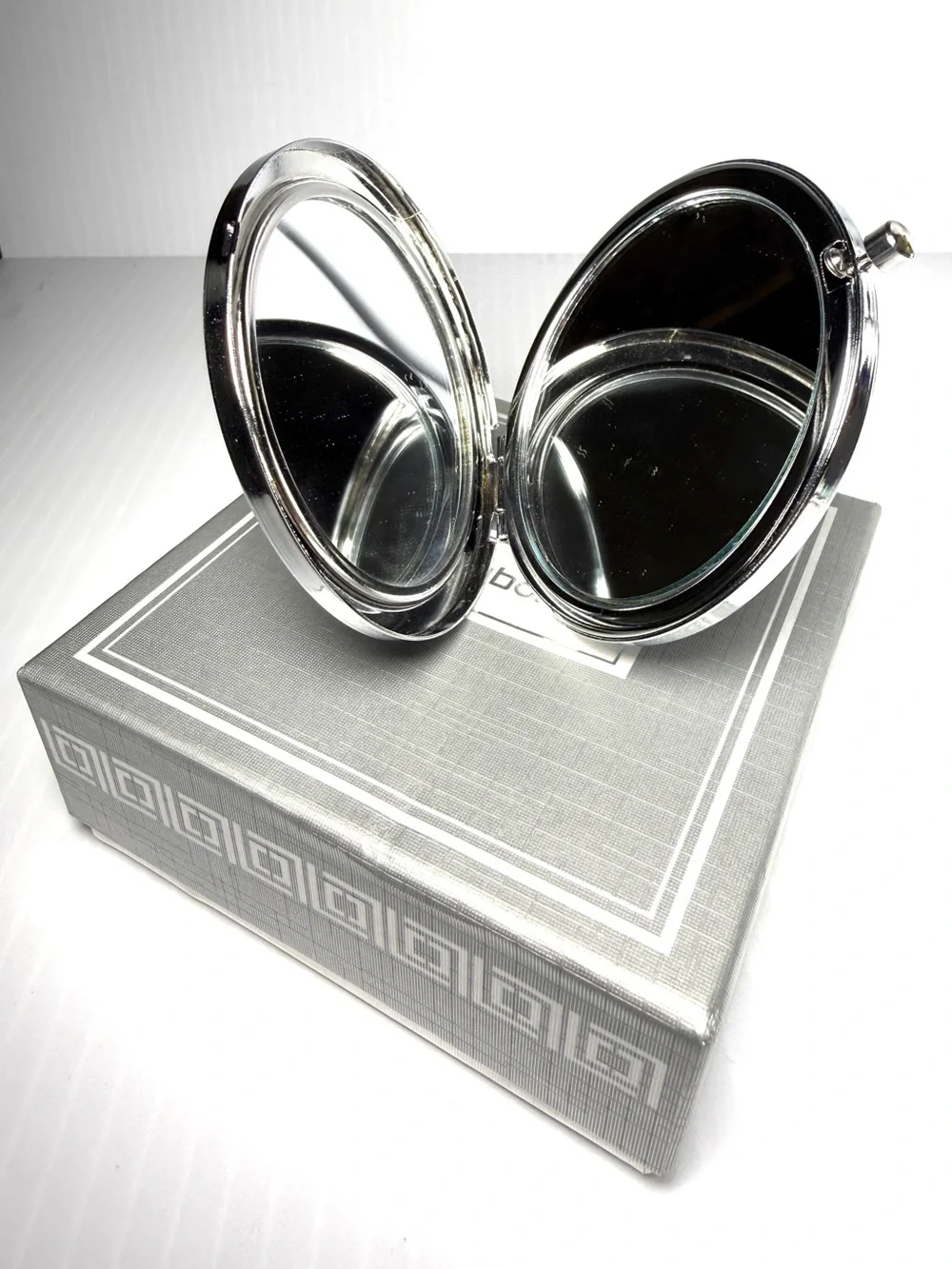 Liz Claiborne Silver Compact Mirror with Crystal Flower Accent